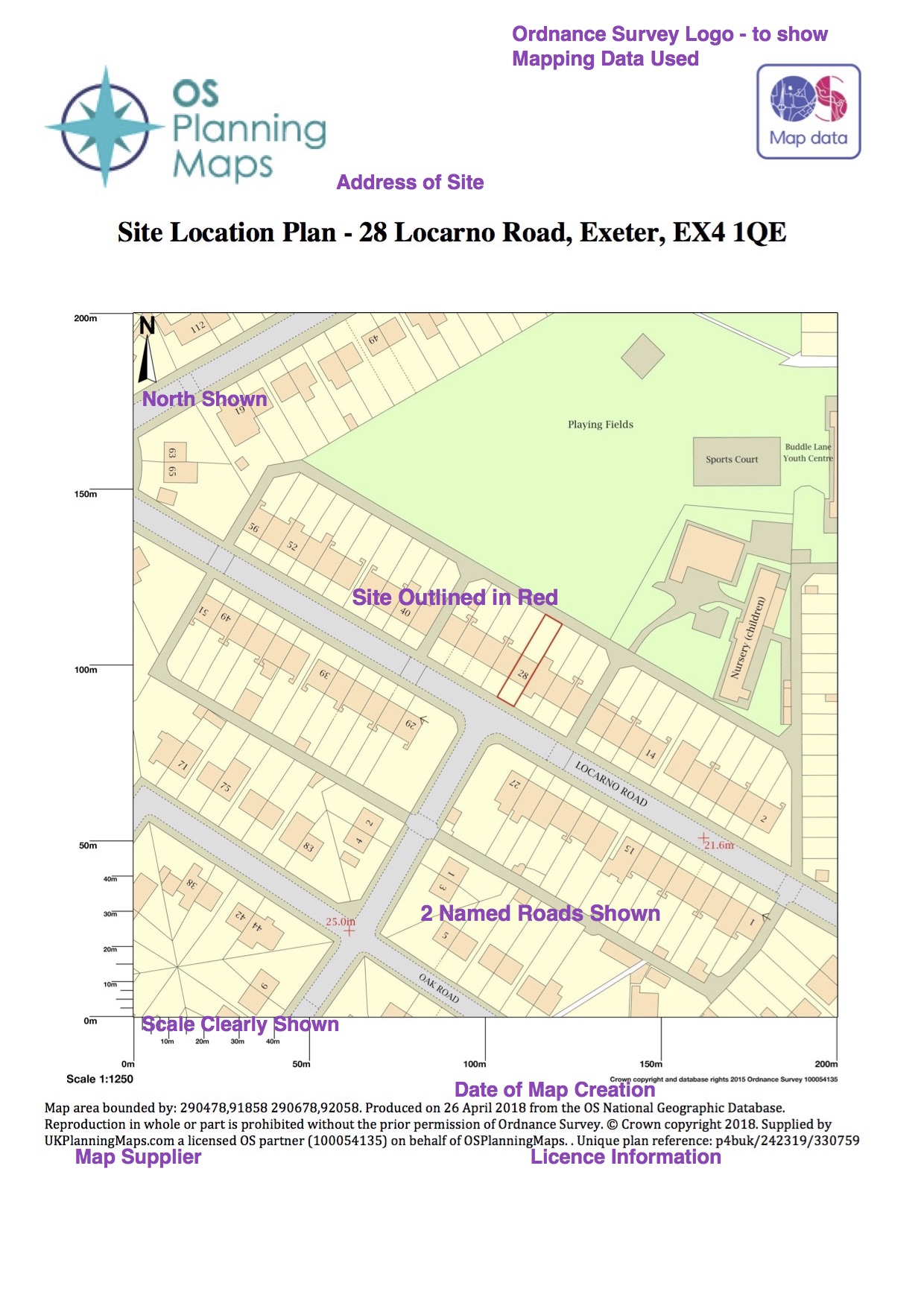 Example of a Site Location Plan suitable for planning application showing required items